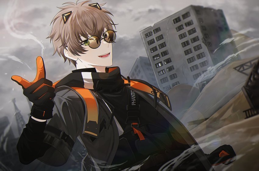 1boy, alban_knox, alban_knox_(1st_costume), black_gloves, black_sweater, brown_hair, building, clenched_hand