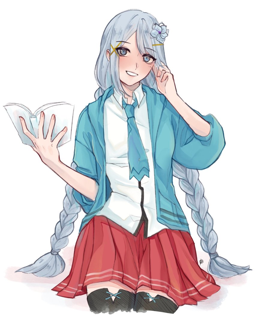 1girl, alternate_costume, ban_hada, blue_eyes, blue_hair, blue_jacket, blue_necktie, blush