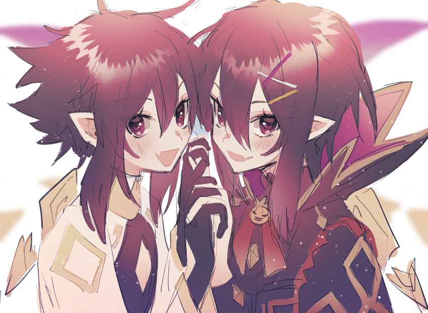 2boys, black_hair, blush, fang, gloves, hair_ornament, hairclip, halloween