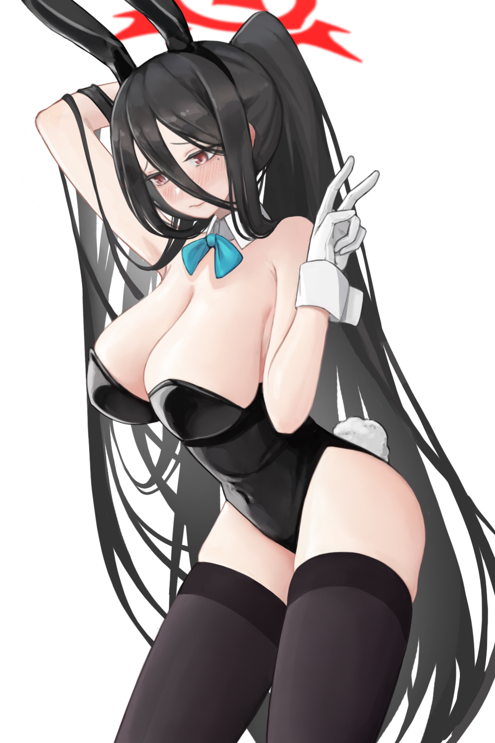 1girl, animal_ears, black_hair, black_leotard, black_thighhighs, blue_archive, blue_bow, blue_bowtie, blush, bow, bowtie, breasts, cleavage, closed_mouth, covered_navel, cowboy_shot, detached_collar, embarrassed, fake_tail, furrowed_brow, gloves, hair_between_eyes, half_updo, halo, hand_in_own_hair, hasumi_(blue_archive), highres, large_breasts, leotard, long_hair, looking_away, looking_down, mole, mole_under_eye, playboy_bunny, ponytail, rabbit_ears, rabbit_tail, red_eyes, sama_(sama24654684), simple_background, solo, standing, strapless, strapless_leotard, tail, thighhighs, thighs, v, very_long_hair, white_background, white_gloves, wing_collar, wrist_cuffs