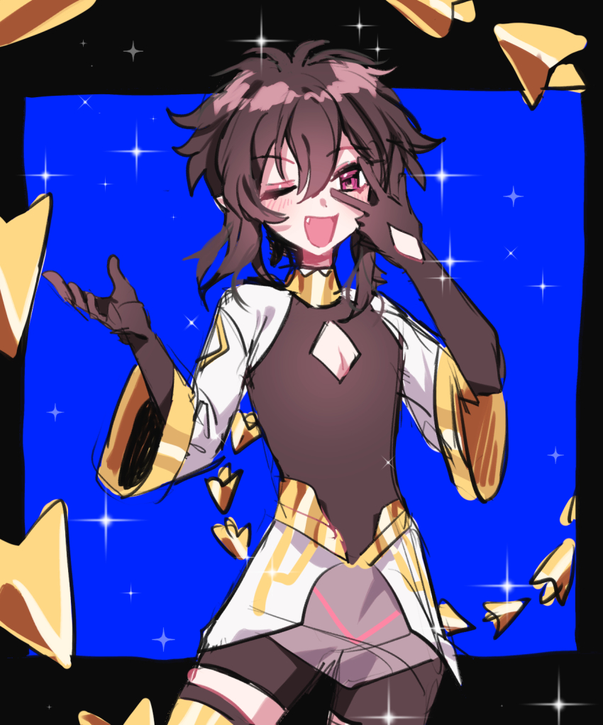 1boy, asymmetrical_legwear, black_background, black_hair, blue_background, blush, fang, gloves