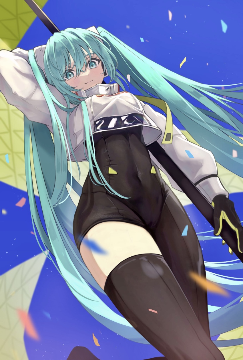 1girl, aqua_eyes, aqua_hair, asymmetrical_bodysuit, black_bodysuit, blush, bodysuit, boots, breasts, closed_mouth, confetti, covered_navel, crop_top, crop_top_overhang, cropped_jacket, flag, flagpole, flame_print, from_below, gloves, goodsmile_company, goodsmile_racing, green_gloves, haruwo, hatsune_miku, highres, holding, holding_flag, holding_pole, long_hair, looking_at_viewer, medium_breasts, pole, racing_miku, racing_miku_(2022), single_thigh_boot, sky, smile, smiley_face, solo, thigh_boots, thighhighs, twintails, very_long_hair, vocaloid