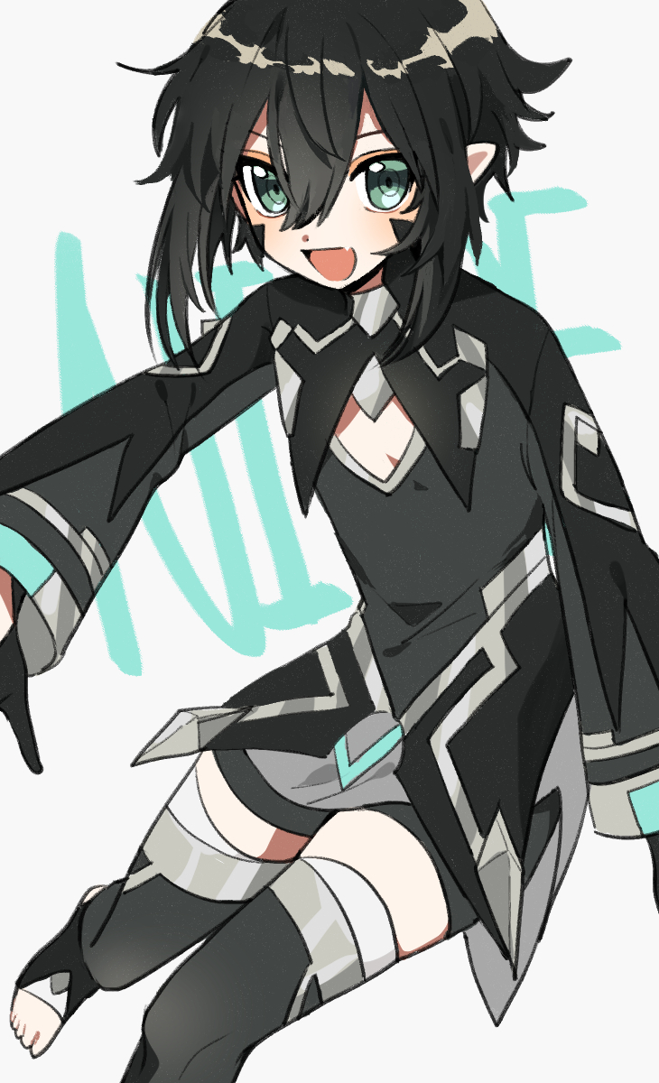 1boy, black_hair, black_legwear, black_shirt, black_shorts, blue_eyes, character_name, facial_mark, fang, gloves, green_eyes, highres, koyashaka, long_sleeves, lord_of_heroes, nine_(earth), nine_(lord_of_heroes), pale_skin, pointy_ears, shirt, shorts, smile, thighhighs, trap, white_background