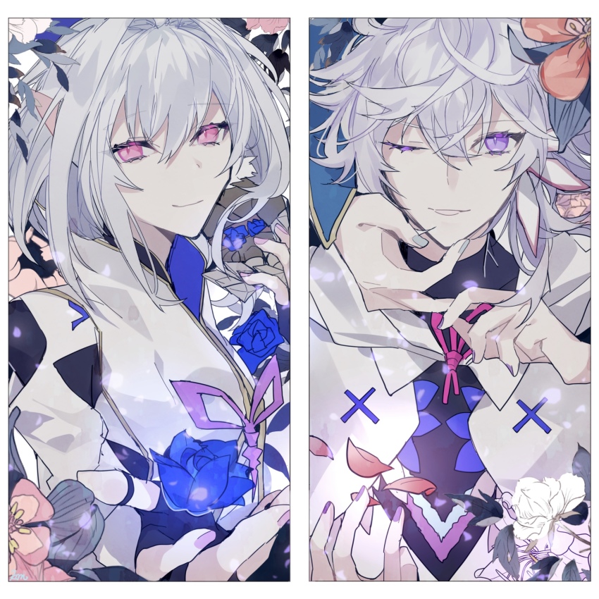 1boy, 1girl, bishounen, black_shirt, bow, bowtie, cloak, disembodied_hand