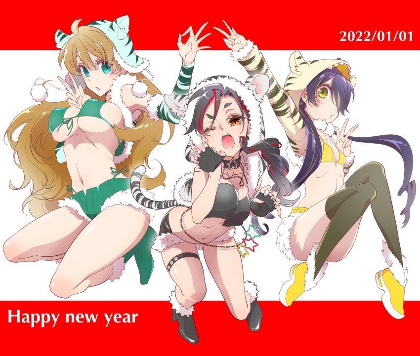 3girls, ;d, animal_hood, ankle_boots, arm_up, arm_warmers, belly_chain, bikini