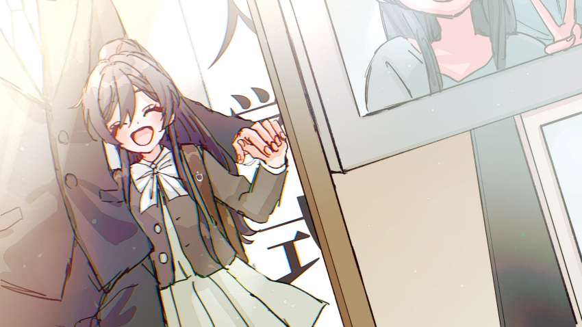 1boy, 1girl, ^_^, ^o^, black_hair, blazer, closed_eyes, entrance_ceremony