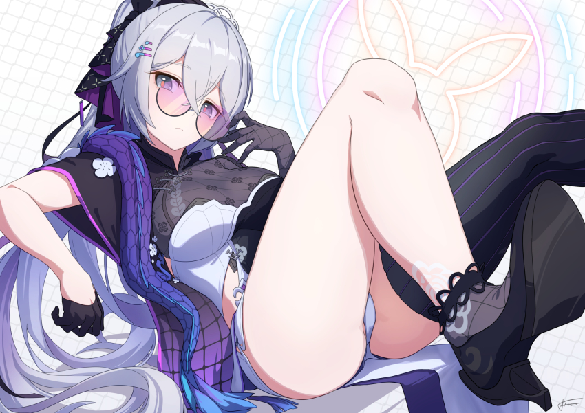 1girl, adjusting_eyewear, adjusting_glasses, ass, asymmetrical_legwear, black_footwear, black_gloves, black_shirt, blouse, breasts, bronya_zaychik, bronya_zaychik_(heart_of_the_night), bronya_zaychik_(silverwing:_n-ex), china_dress, chinese_clothes, clothing_cutout, dress, female_focus, glasses, gloves, grey_eyes, hair_between_eyes, hair_ornament, hair_ribbon, hair_spread_out, hairpin, high_heels, highres, honkai_(series), honkai_impact_3rd, legs_up, long_hair, looking_at_viewer, multicolored_background, multicolored_dress, multicolored_eyes, panties, pink_pupils, ponytail, purple-tinted_eyewear, rabbit_ears, ribbon, round_eyewear, semi-rimless_eyewear, shirt, side_cutout, silver_hair, sitting, solo, striped_clothes, striped_thighhighs, sunglasses, tagme, thick_thighs, thighhighs, thighs, tiara, tinted_eyewear, underwear, very_long_hair, xfate