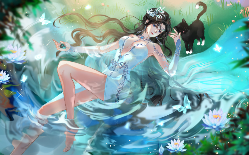 1girl, absurdres, barefoot, black_hair, blue_dress, doupo_cangqiong, dress, feet