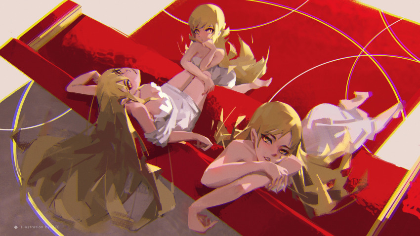 3girls, absurdres, bakemonogatari, barefoot, blonde_hair, breasts, carpet, chromatic_aberration, couch, dress, gzs, highres, kiss-shot_acerola-orion_heart-under-blade, kiss-shot_acerola-orion_heart-under-blade_(young), kizumonogatari, large_breasts, long_hair, looking_at_viewer, monogatari_(series), multiple_forms, multiple_girls, name_tag, off-shoulder_dress, off_shoulder, oshino_shinobu, painterly, pointy_ears, sleeveless, sleeveless_dress, strapless, strapless_dress, vampire, very_long_hair, white_dress, yellow_eyes