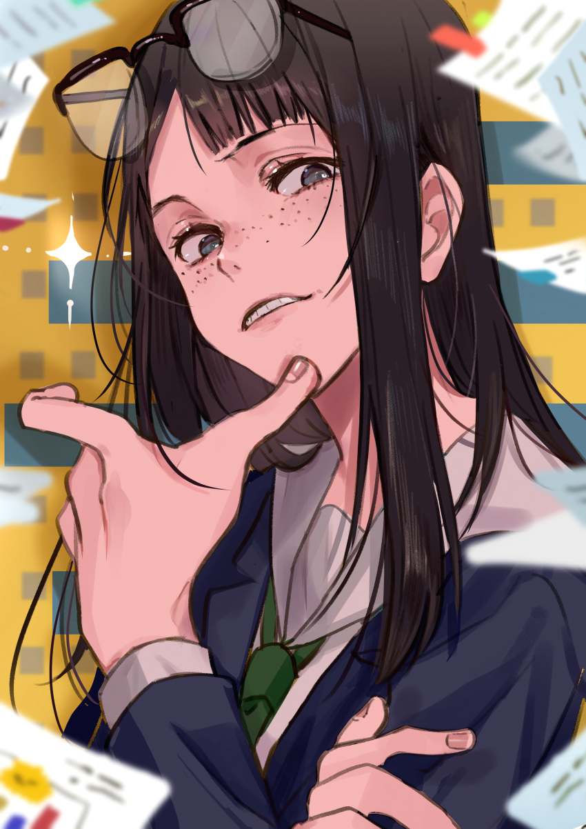 1girl, absurdres, black_hair, eizouken_ni_wa_te_wo_dasu_na!, eyewear_on_head, freckles, highres, huwarinn99, kanamori_sayaka, long_hair, paper, school_uniform, solo, sparkle, teeth