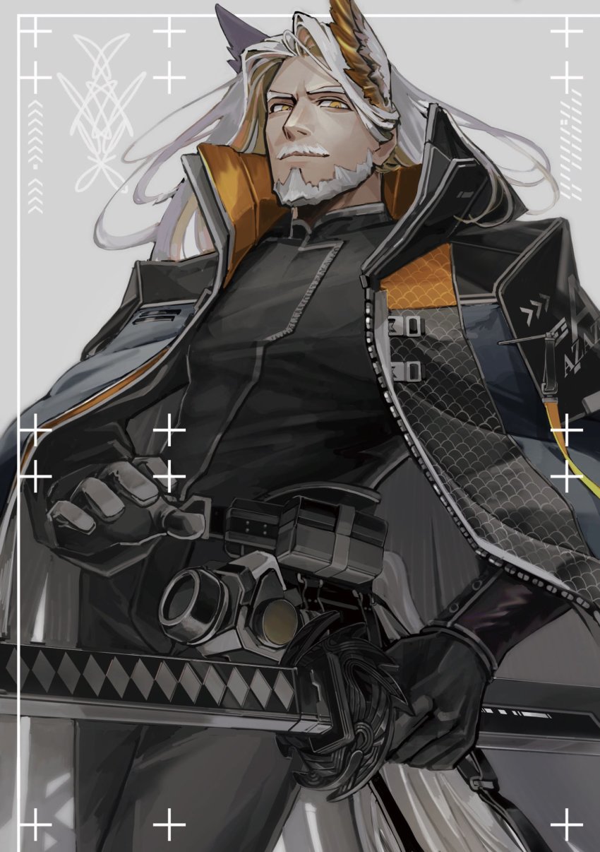 1boy, animal_ears, arknights, bara, beard, black_gloves, commentary_request, facial_hair