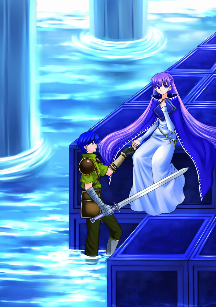 1boy, 1girl, armor, belly_chain, blue_eyes, blue_hair, bo_(774berry), book