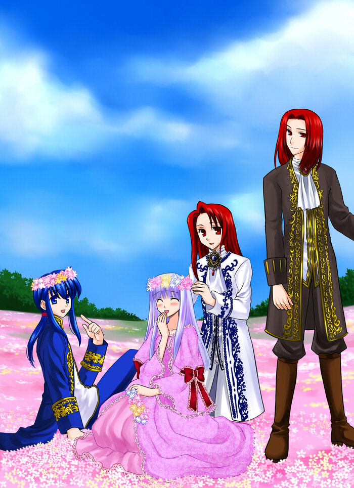 1girl, 3boys, blush, bo_(774berry), bow, brother_and_sister, brothers, closed_eyes, dress, fire_emblem, fire_emblem:_genealogy_of_the_holy_war, fire_emblem:_thracia_776, flower, julia_(fire_emblem), julius_(fire_emblem), light_purple_hair, long_hair, multiple_boys, nintendo, open_mouth, saias_(fire_emblem), seliph_(fire_emblem), siblings, smile, twins