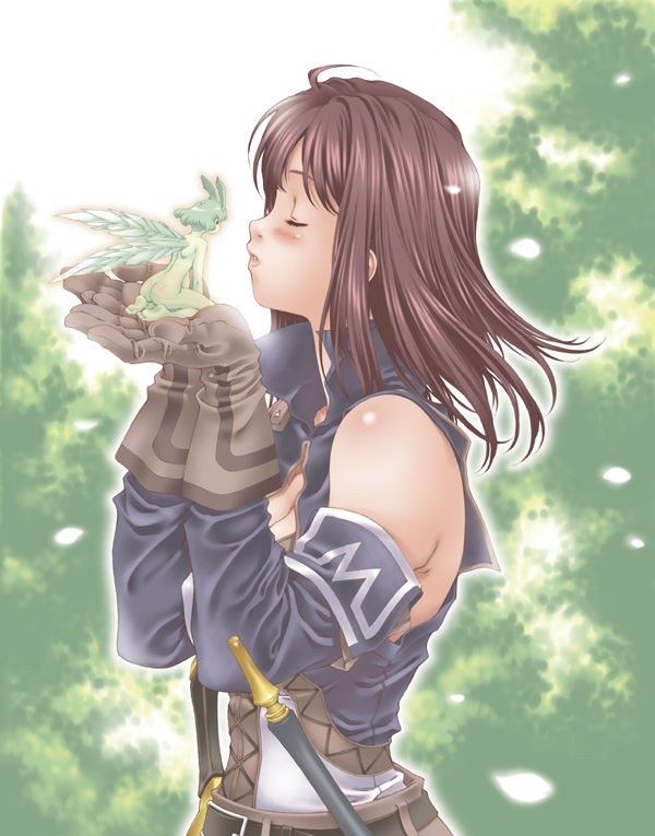 00s, ahoge, bare_shoulders, brown_hair, detached_sleeves, closed_eyes, fairy, fantasy