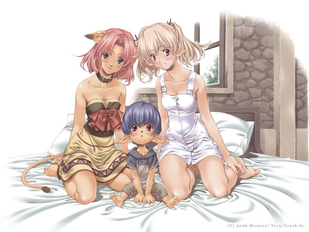 00s, 1boy, 2girls, animal_ears, barefoot, blonde_hair, blue_eyes, blush_stickers