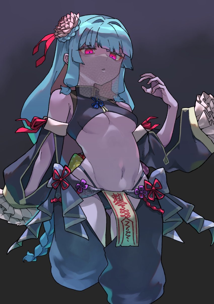 1girl, armpit_crease, bare_shoulders, blue_hair, blunt_bangs, braid, breasts, clothing_cutout