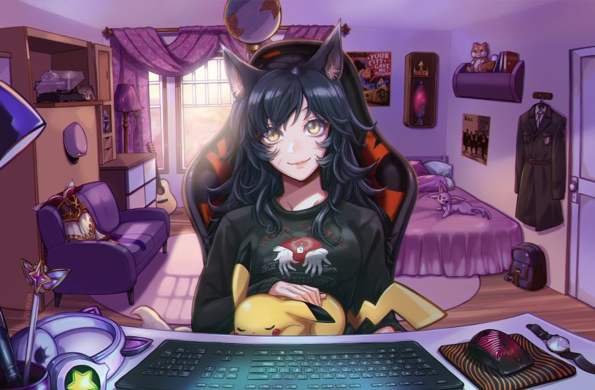 1girl, abbey_road, absurdres, ahri_(league_of_legends), alternate_costume, animal_ears, backpack, bag, bed, black_hair, black_sweater, breasts, brown_jacket, chair, coat, computer_keyboard, computer_mouse, couch, crown, day, desk, dress, espeon, fox_ears, gen_1_pokemon, gen_2_pokemon, guitar, headphones, highres, indoors, instrument, jacket, lamp, league_of_legends, long_hair, nintendo, on_lap, pikachu, pillow, pokemon, pokemon_(creature), poro_(league_of_legends), poster_(object), shinaa_(maddynshinaa), sitting, slit_pupils, smile, staff, stuffed_toy, sweater, the_beatles, trench_coat, unworn_clothes, vastaya, window, yellow_eyes