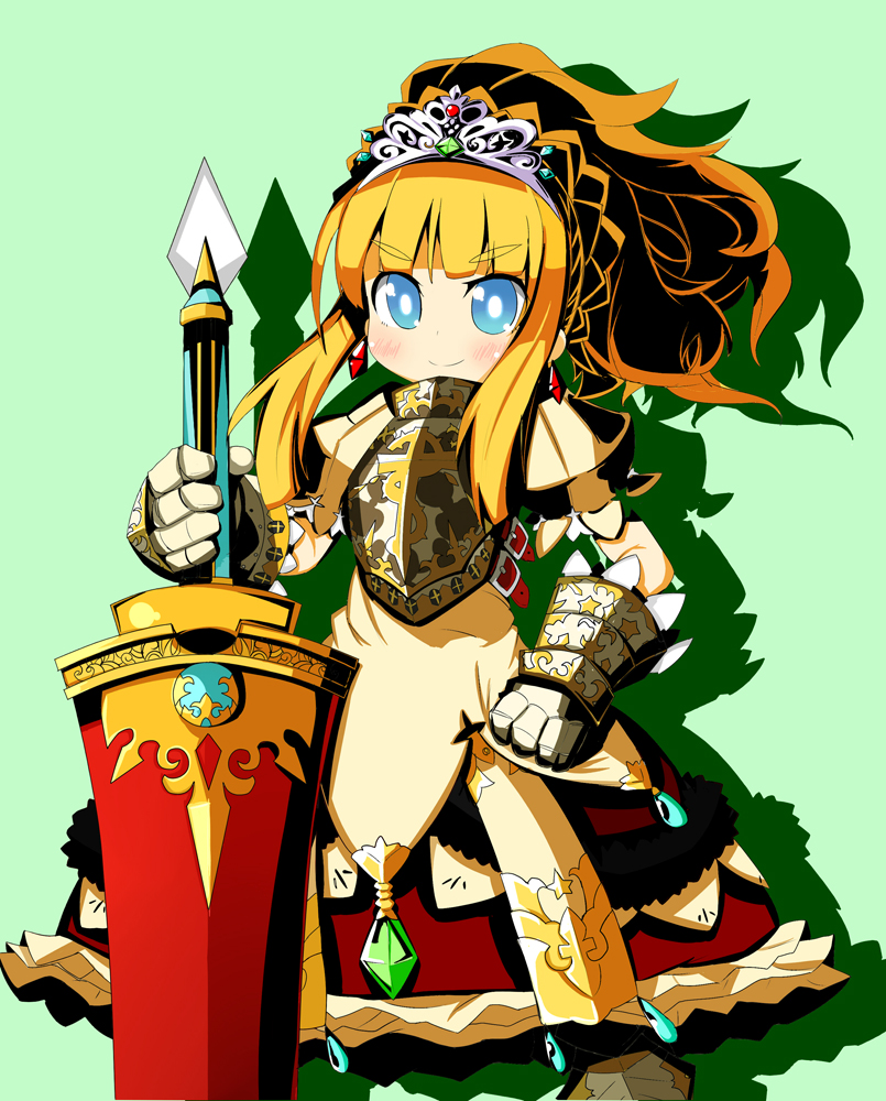1girl, armor, armored_dress, ashi_karekusa, atlus, bad_id, bad_pixiv_id, blonde_hair, blue_eyes, dress, etrian_odyssey, gauntlets, green_background, princess_(sekaiju), princess_2_(sekaiju), sekaiju_no_meikyuu, sekaiju_no_meikyuu_3, sovereign_(sekaiju), sovereign_2_(sekaiju), sword, tiara, weapon