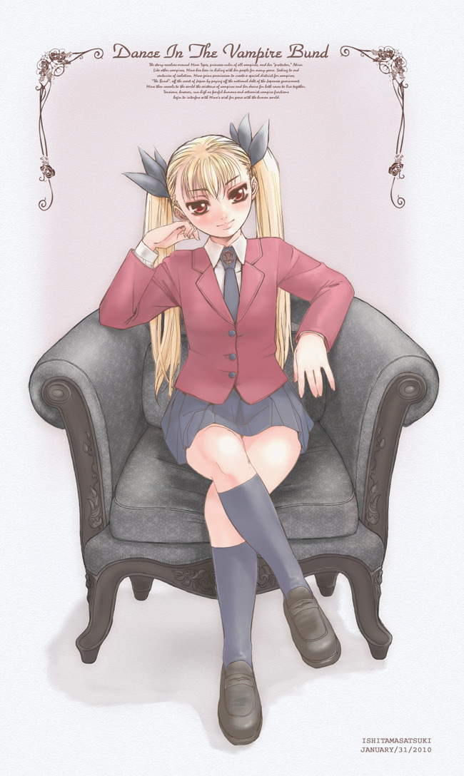 1girl, bad_id, bad_pixiv_id, blonde_hair, dance_in_the_vampire_bund, female_focus, ishida_masatsuki, mina_tepes, red_eyes, school_uniform, solo, twintails
