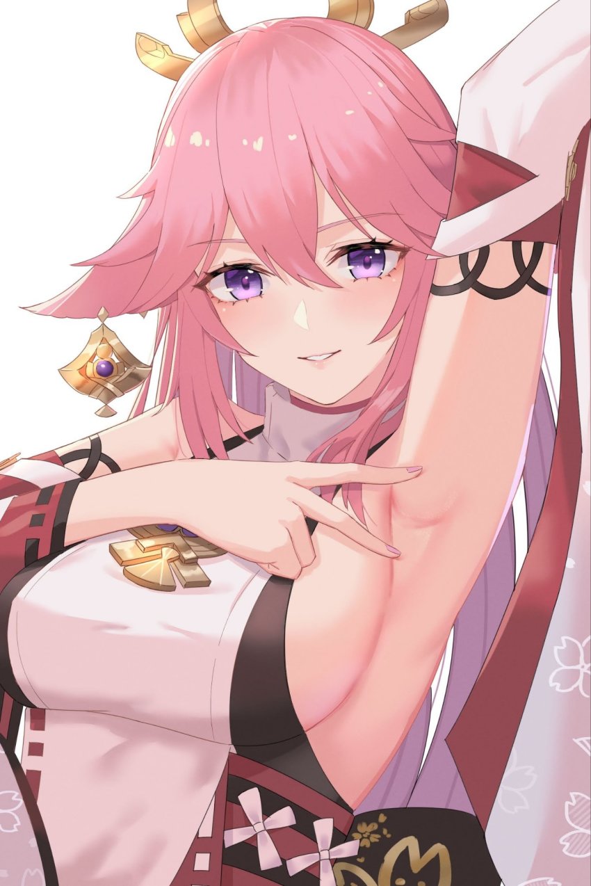 1girl, arm_up, armpits, bare_shoulders, blush, breasts, genshin_impact, hair_between_eyes