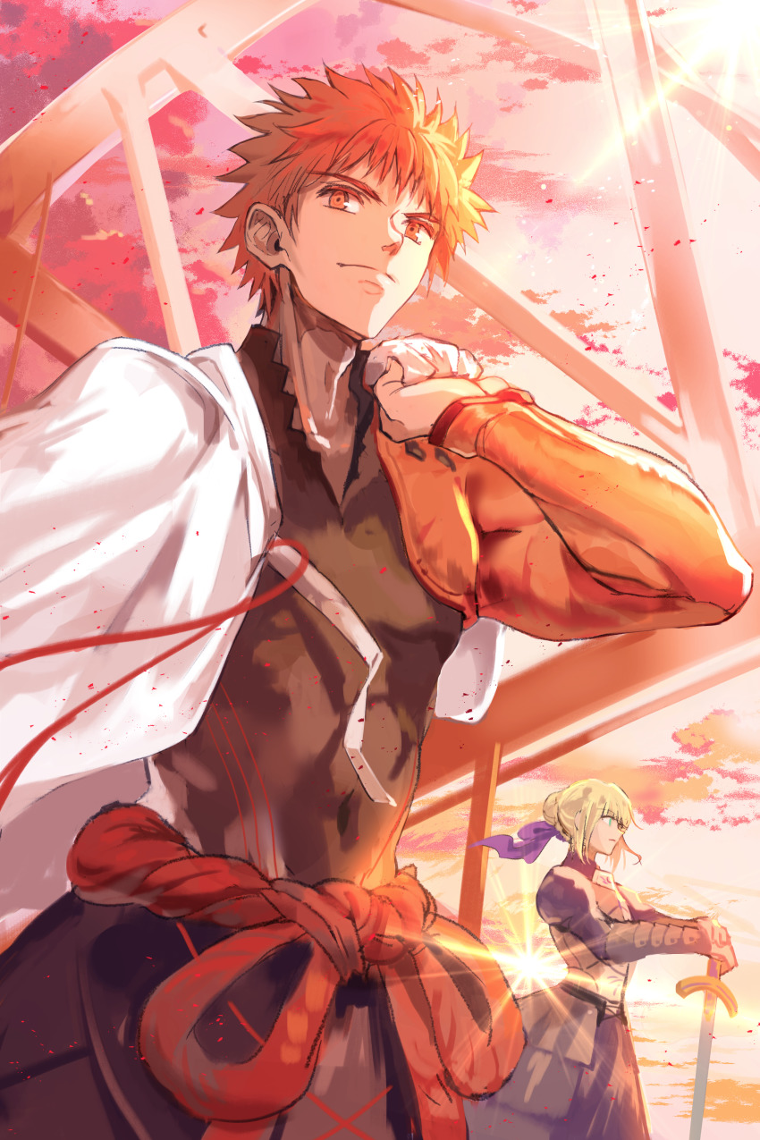 1boy, 1girl, absurdres, armor, artoria_pendragon_(fate), blonde_hair, cape, emiya_shirou, fate/grand_order, fate_(series), highres, holding, holding_sword, holding_weapon, igote, japanese_clothes, long_hair, male_focus, mj_(cuzbien), orange_hair, red_hair, saber_(fate), senji_muramasa_(fate), senji_muramasa_(second_ascension)_(fate), short_hair, sword, weapon, yellow_eyes