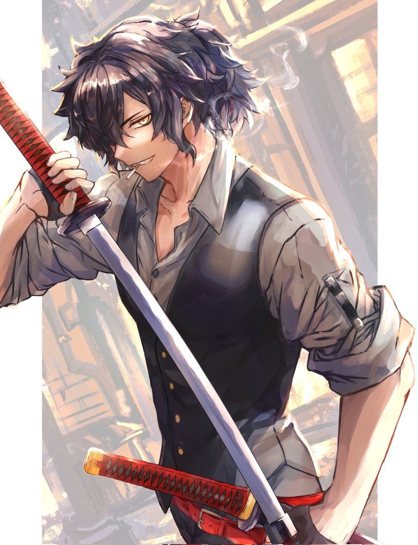 1boy, black_hair, commentary_request, fate/grand_order, fate_(series), gloves, highres, katana