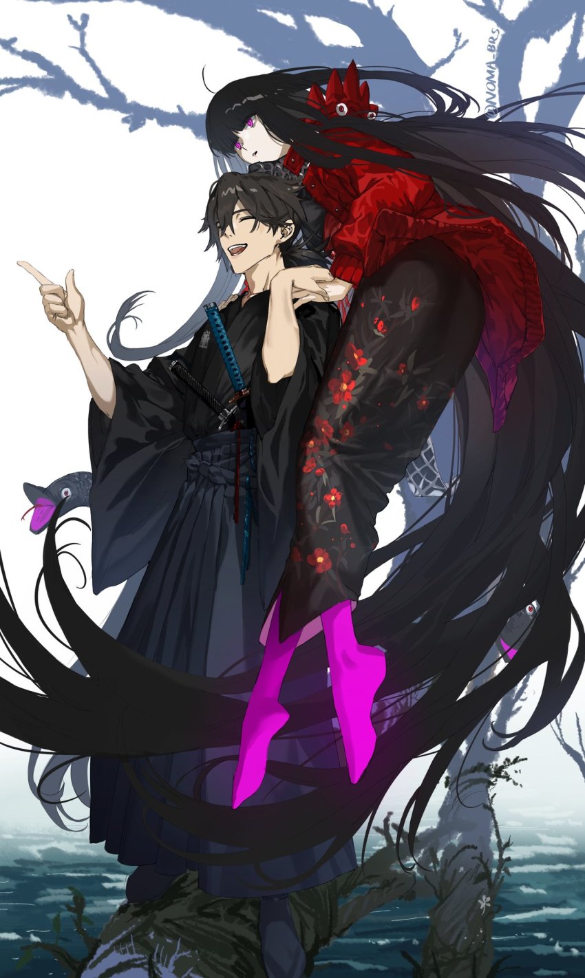 1boy, 1girl, absurdly_long_hair, black_hair, closed_mouth, commentary_request, dress, fate/grand_order