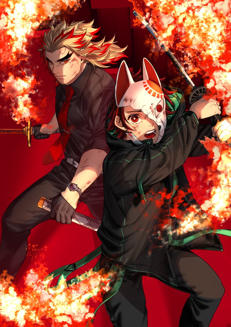 2boys, battle, belt, black_gloves, black_pants, black_shirt, blonde_hair, broken_mask