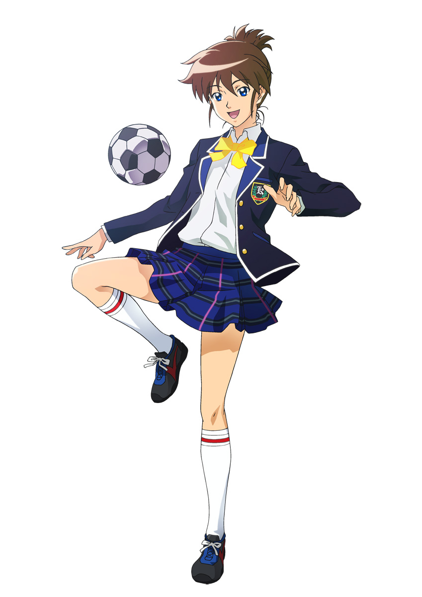 1girl, ball, blue_eyes, bow, bowtie, brown_hair, female_focus, full_body