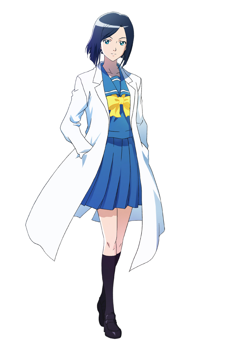 1girl, blue_eyes, blue_hair, blue_skirt, bow, bowtie, female_focus, hands_in_pockets, highres, kneehighs, konami, kooriyama_aki, koriyama_aki, lab_coat, matching_hair/eyes, official_art, school_uniform, serafuku, shoes, short_hair, skirt, smile, socks, solo, tokimeki_memorial, tokimeki_memorial_4