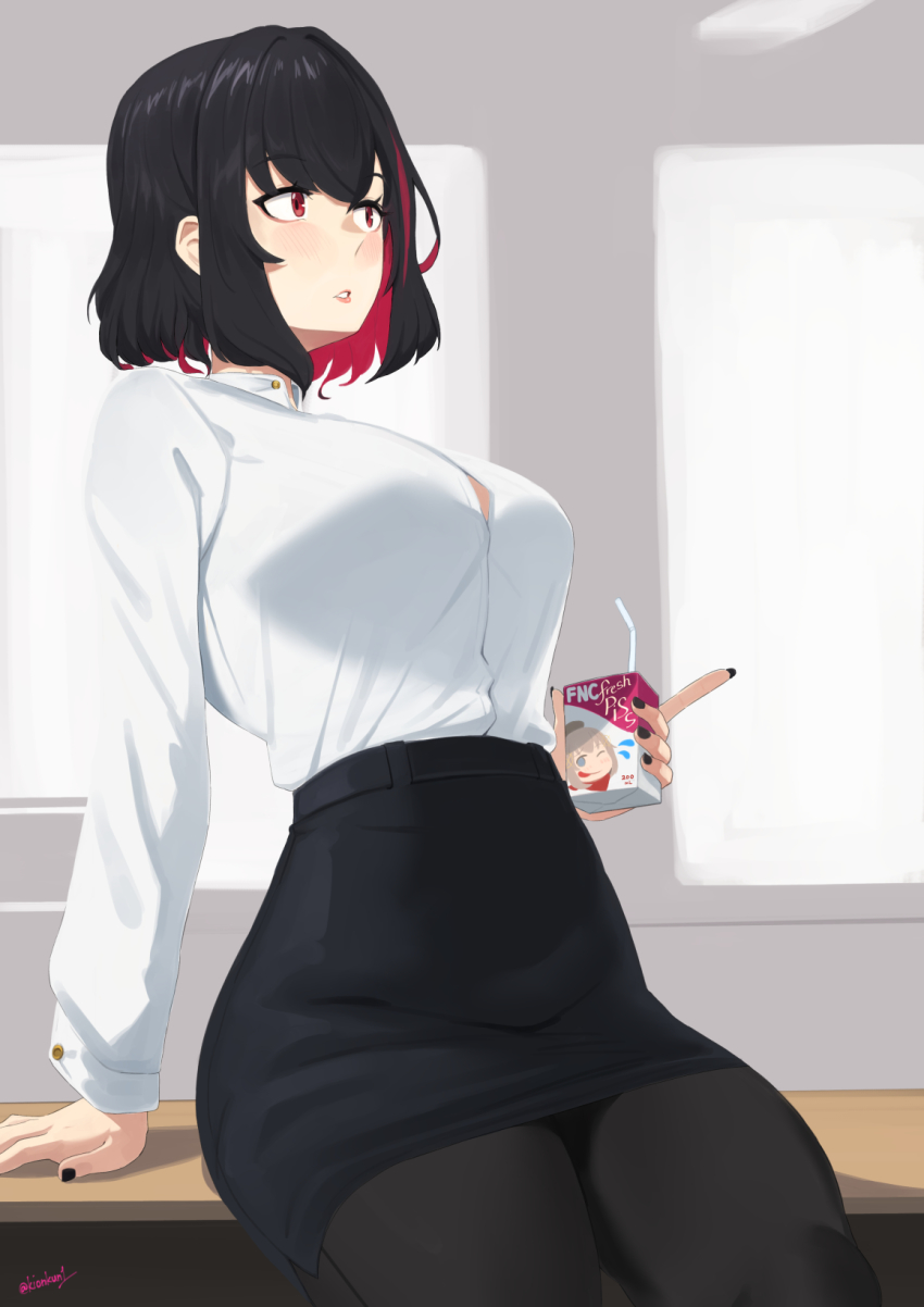 1girl, black_hair, black_nails, black_pantyhose, black_skirt, blush, box, breasts, drink_carton, feet_out_of_frame, girls'_frontline, hand_on_table, highres, holding, holding_box, juice_box, kion-kun, large_breasts, leaning_back, lips, looking_away, multicolored_hair, nail_polish, open_mouth, pantyhose, pencil_skirt, red_eyes, ripper_(girls'_frontline), ripper_swap_(girls'_frontline), sangvis_ferri, shirt, short_hair, simple_background, sitting, sitting_on_table, skirt, solo, thighs, twitter_username, white_shirt