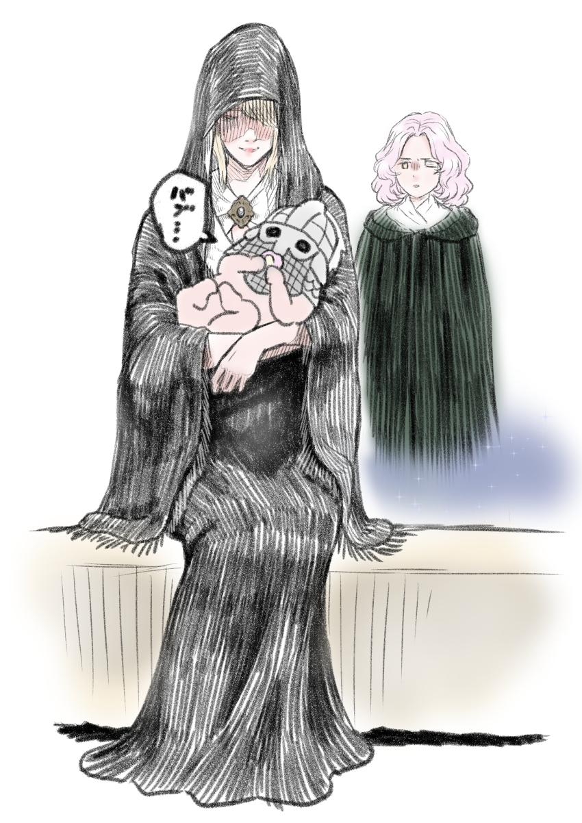 1boy, 2girls, absurdres, black_cloak, blonde_hair, brown_hair, cloak, closed_mouth, dress, elden_ring, facial_tattoo, fia_the_deathbed_companion, highres, hood, hooded_cloak, jealous, long_sleeves, looking_at_viewer, medium_hair, melina_(elden_ring), multiple_girls, nemaki_(nemaki87456), one-eyed, one_eye_closed, parted_lips, scar, scar_across_eye, scar_on_face, short_hair, tarnished_(elden_ring), tattoo, yellow_eyes