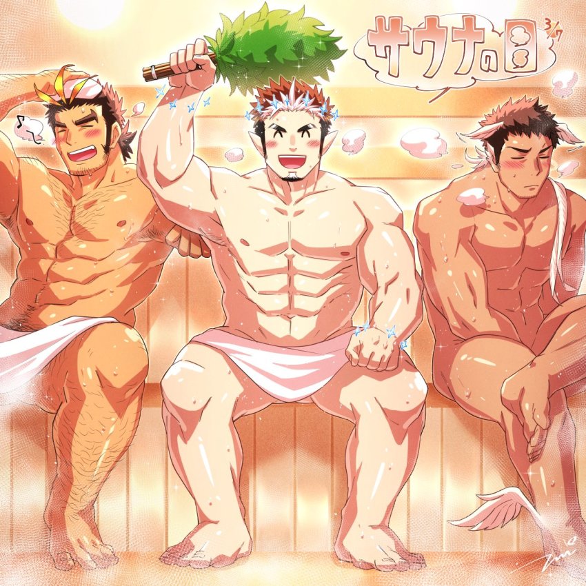 3boys, ^_^, abs, animal_ears, arm_hair, bara, bird_ears, black_hair, blonde_hair, blush, chest_hair, closed_eyes, closed_mouth, crossed_legs, facial_hair, goatee, head_wings, hermes_(housamo), highres, holding, large_pectorals, leg_hair, long_sideburns, male_focus, multicolored_hair, multiple_boys, muscular, muscular_male, navel, nipples, nude, open_mouth, pectorals, sauna, short_hair, sideburns, sitting, smile, snowflakes, steam, stubble, tepen_(tptptpn), tokyo_houkago_summoners, tomte_(housamo), towel, towel_around_waist, translation_request, two-tone_hair, wings, yamasachihiko_(housamo)