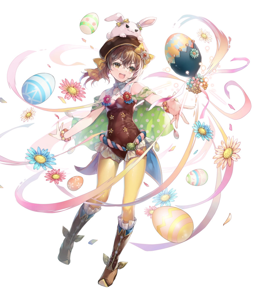 1girl, :d, bare_shoulders, beret, blue_flower, boots, bow, brown_boots