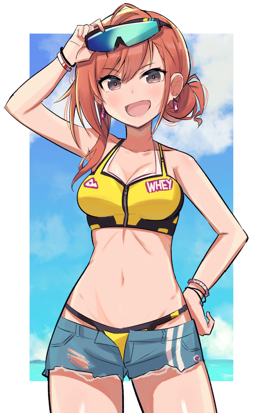 1girl, absurdres, adjusting_eyewear, alternate_hairstyle, arisugawa_natsuha, arm_up, bikini, black_eyes, blue_sky, bracelet, breasts, cleavage, clothes_pull, cloud, denim, denim_shorts, earrings, eyewear_on_head, gougoku, hair_up, hand_on_own_hip, highres, idolmaster, idolmaster_shiny_colors, jewelry, long_hair, looking_at_viewer, navel, open_mouth, orange_hair, shorts, shorts_pull, sky, smile, solo, sports_sunglasses, sunglasses, swimsuit, torn_clothes, torn_shorts, yellow_bikini