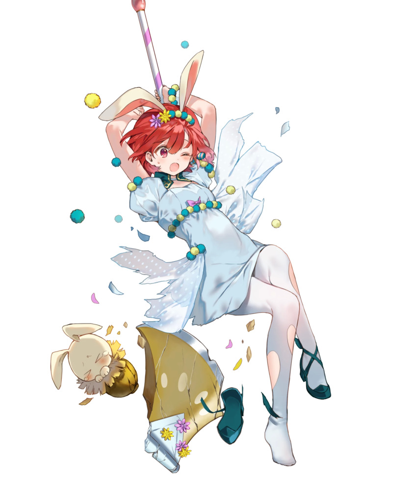 1girl, animal_ears, arms_up, artist_request, axe, blue_dress, blue_shoes, blush