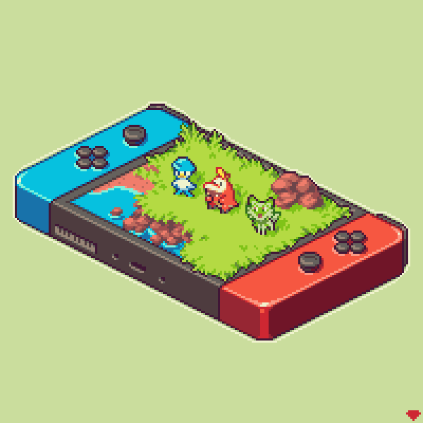 bird, cat, duck, fuecoco, grass, mirrutatep, nintendo, nintendo_switch, no_humans, pixel_art, pokemon, pokemon_(creature), quaxly, rock, simple_background, sprigatito, starter_pokemon_trio, water