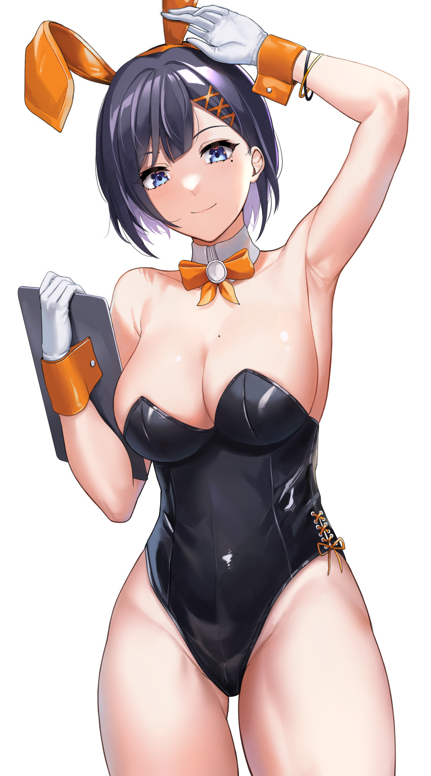1girl, absurdres, animal_ears, arm_up, armpits, bare_legs, black_hair, black_leotard