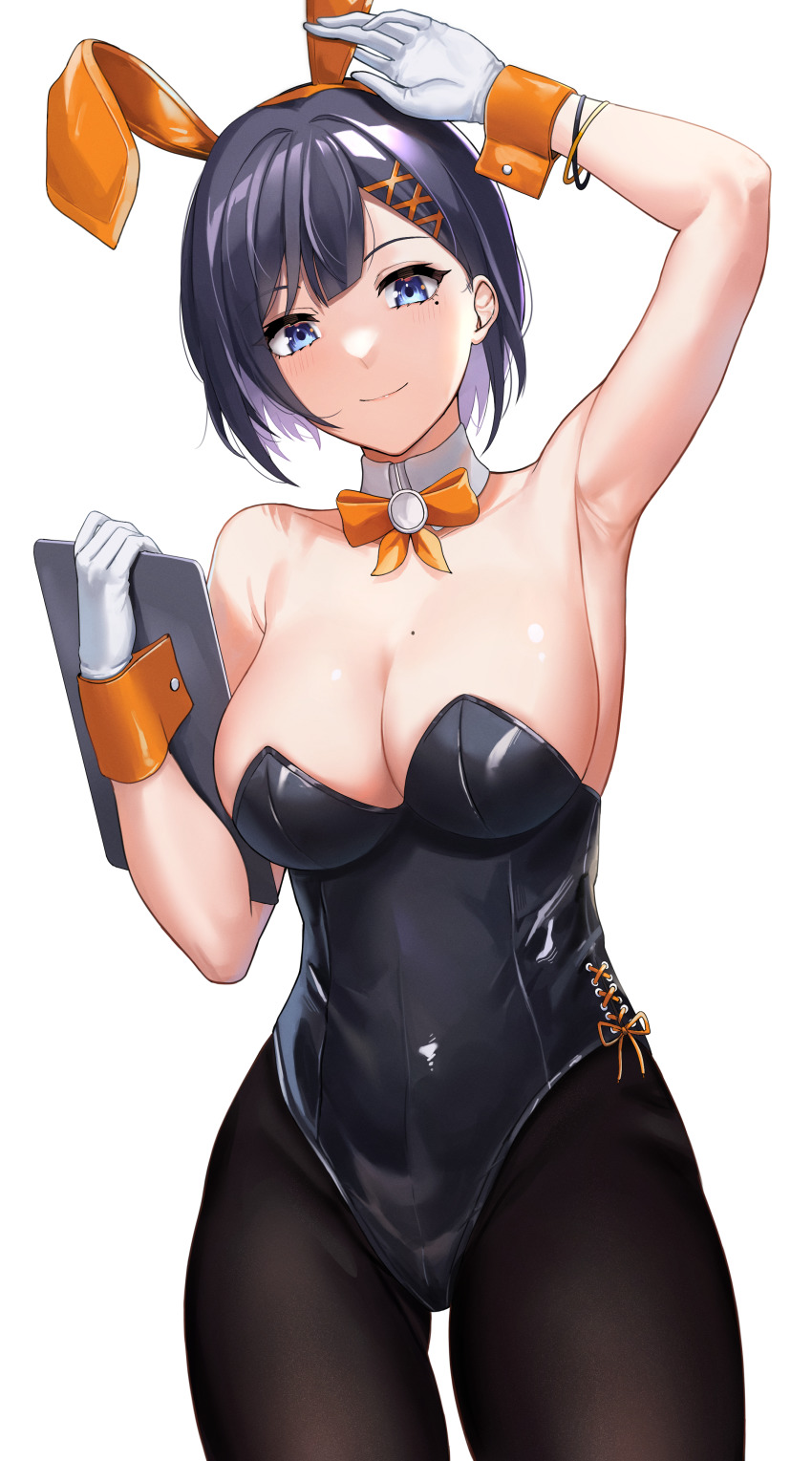 1girl, absurdres, animal_ears, arm_up, armpits, black_hair, black_leotard, black_pantyhose