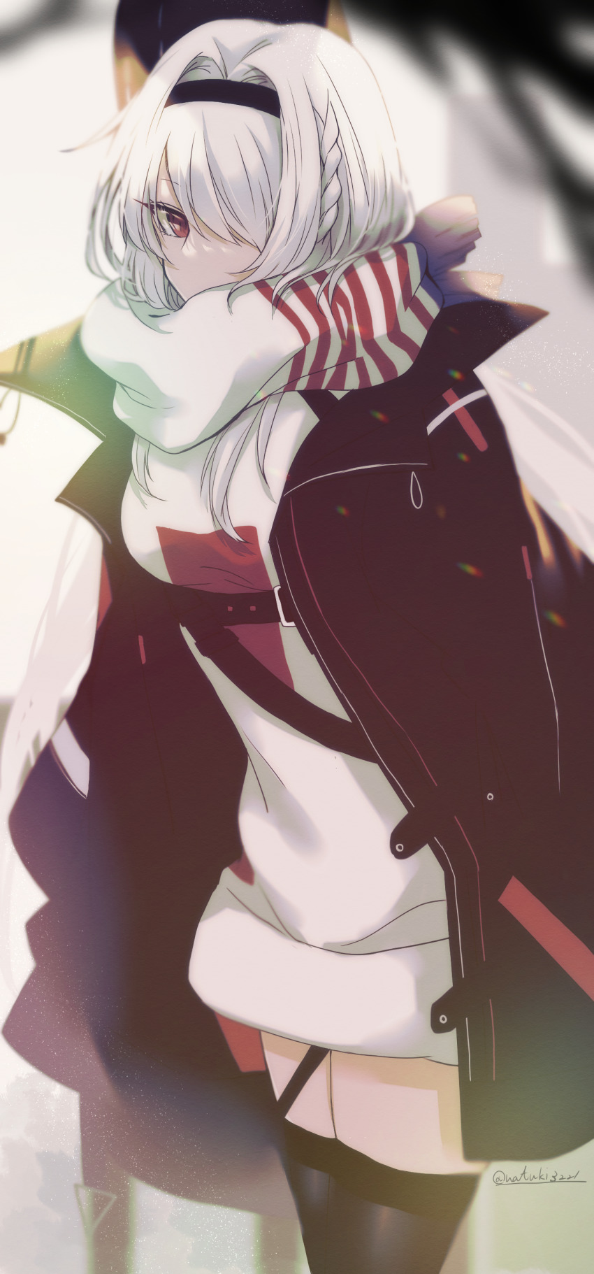 1girl, absurdres, azur_lane, black_coat, black_hairband, black_thighhighs, blurry, blurry_background