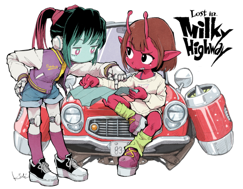 2girls, android, antennae, black_eyes, black_footwear, black_hair, blunt_bangs, boots, brown_hair, camisole, chiharu_(milky_highway), clenched_teeth, colored_skin, commentary_request, copyright_name, denim, denim_shorts, full_body, hand_on_own_thigh, holding, holding_map, jacket, jersey, kiichi, leaning_forward, leg_warmers, looking_at_another, looking_down, makina_(milky_highway), map, mechanical_arms, mechanical_ears, mechanical_legs, milky_highway, mini_cooper, multicolored_clothes, multiple_girls, off-shoulder_sweater, off_shoulder, platform_footwear, pointing, pointy_ears, purple_footwear, purple_jacket, purple_legwear, raised_eyebrow, red_skin, shoes, shorts, sidelocks, sitting, sneakers, socks, spacecraft, standing, sweater, teeth, twintails, white_background, white_jacket, white_sweater