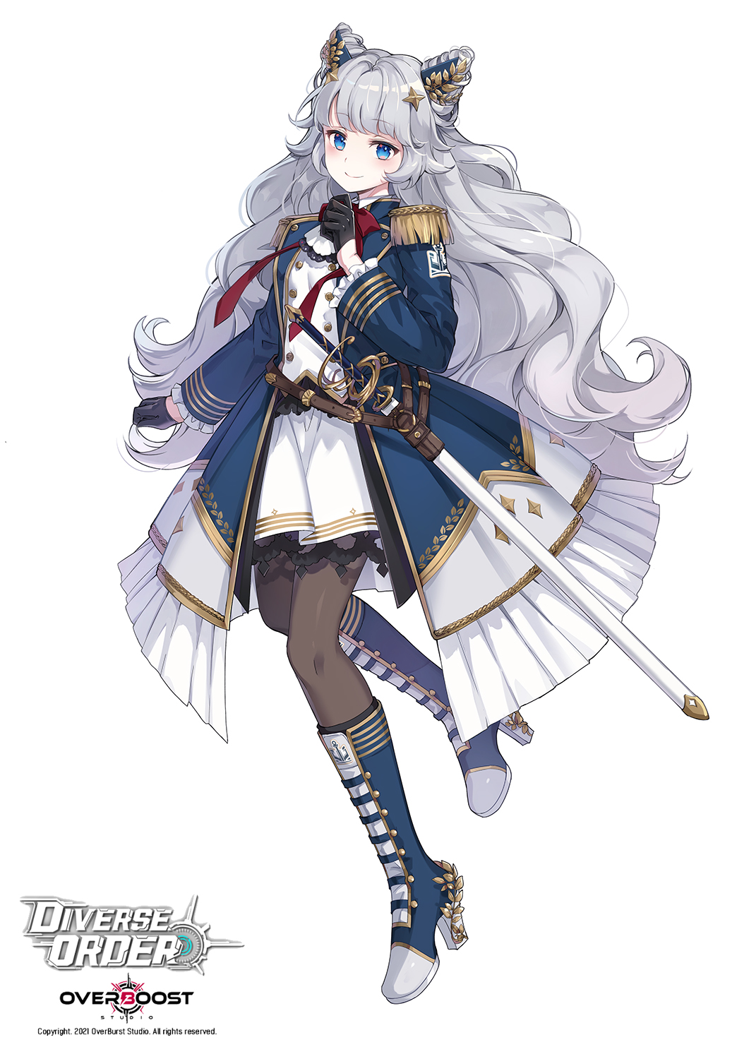 1girl, animal_ears, black_gloves, blue_boots, boots, brown_thighhighs, cat_ears, clenched_hand