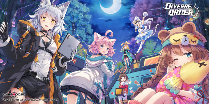 6+girls, :d, ;), ahoge, animal_ears, animal_hands, bear_ears, belt