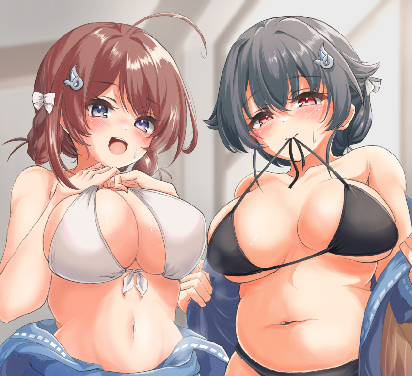 2girls, ahoge, bikini, bikini_top_only, bikini_under_clothes, black_bikini, black_hair, blouse, blue_shirt, braid, braided_hair_rings, breasts, brown_hair, brown_shawl, chougei_(kancolle), cleavage, cowboy_shot, grey_eyes, hair_flaps, hair_rings, highres, jingei_(kancolle), kantai_collection, kasashi_(kasasi008), large_breasts, long_hair, looking_at_viewer, low_ponytail, mouth_hold, multiple_girls, open_clothes, open_shirt, plump, ponytail, red_eyes, shawl, shirt, swimsuit, swimsuit_under_clothes, twin_braids, undressing, upper_body, white_bikini