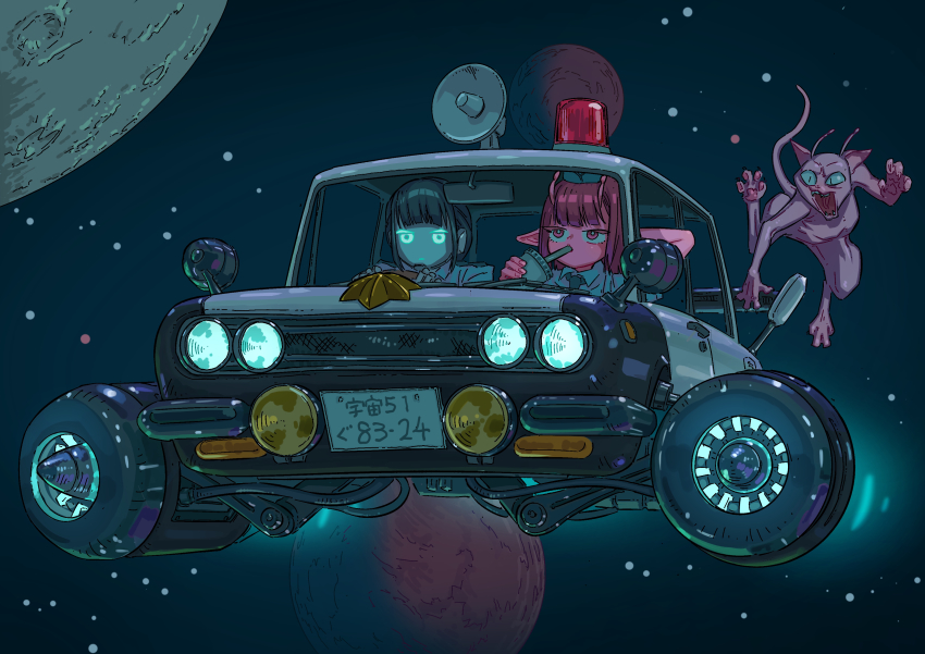 2girls, :|, absurdres, android, antennae, arm_behind_head, black_hair, blunt_bangs