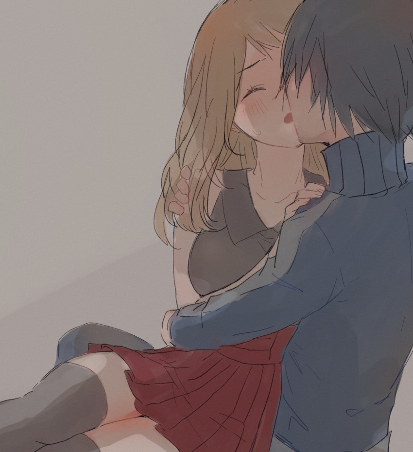 1boy, 1girl, blonde_hair, blue_jacket, calem_(pokemon), closed_eyes, collarbone, hetero, highres, hiryoou, hug, jacket, kiss, long_hair, nintendo, non-web_source, pleated_skirt, pokemon, pokemon_x_and_y, red_skirt, serena_(pokemon), shirt, sitting, skirt, sleeveless, sleeveless_shirt, sweat, thighhighs