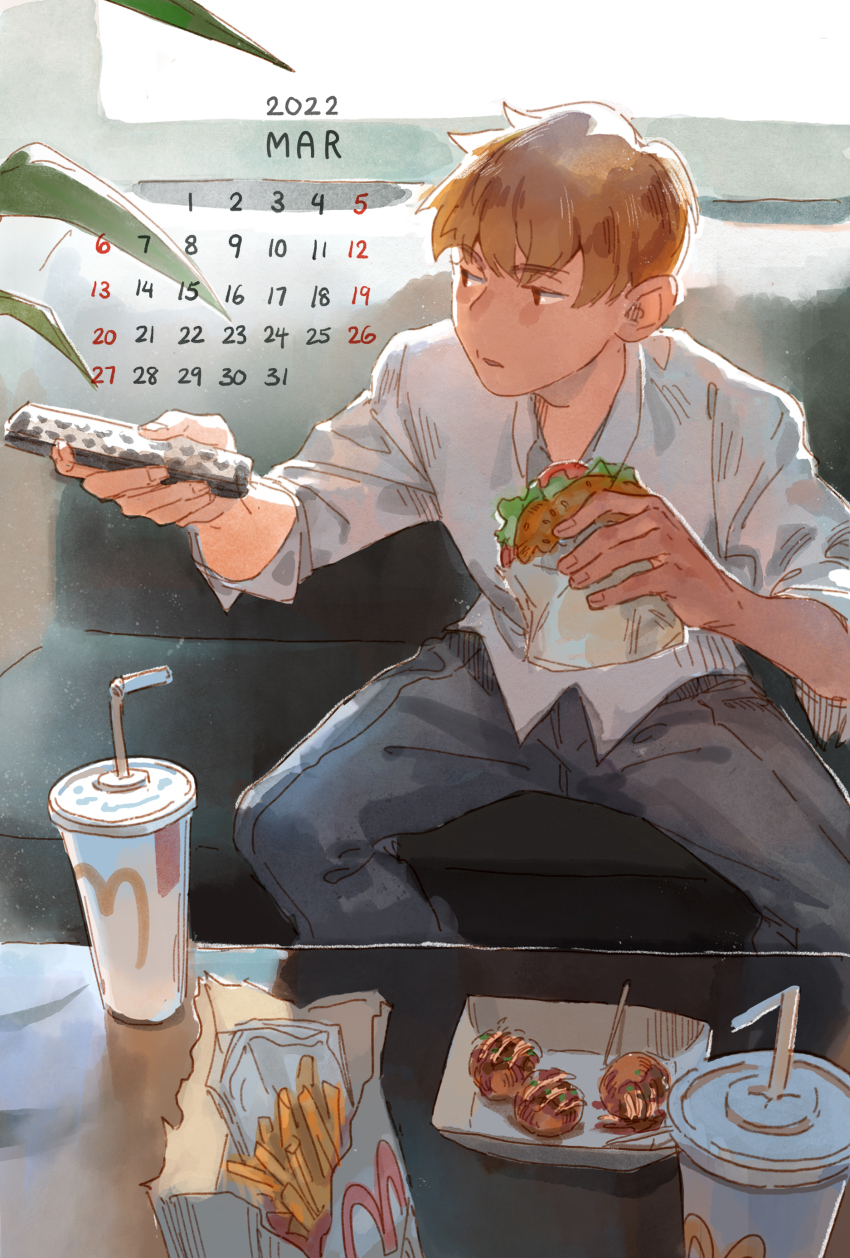 1boy, absurdres, black_pants, blonde_hair, brown_eyes, burger, calendar_(medium), commentary