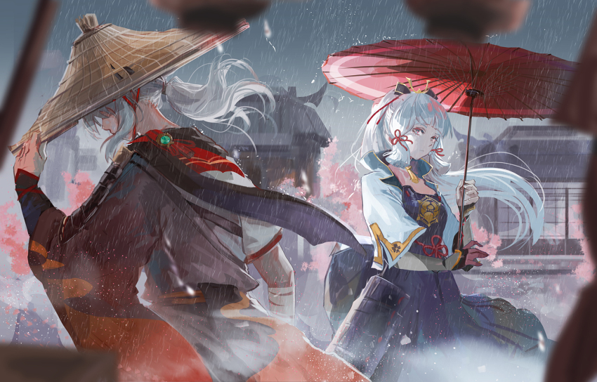 1boy, 1girl, architecture, armor, armored_dress, ayaka_(genshin_impact), bandaged_arm, bandages, black_gloves, blue_capelet, blue_eyes, breastplate, capelet, dress, east_asian_architecture, facing_away, flower_knot, genshin_impact, gloves, hadanugi_dousa, hair_ornament, hair_ribbon, hand_on_headwear, hat, holding, holding_umbrella, ilumiarts, japanese_armor, japanese_clothes, kaedehara_kazuha, kimono, kusazuri, looking_at_another, multicolored_hair, oil-paper_umbrella, open_clothes, open_kimono, outdoors, partially_fingerless_gloves, ponytail, rain, red_hair, ribbon, straw_hat, tress_ribbon, umbrella, vision_(genshin_impact), white_hair, wide_sleeves