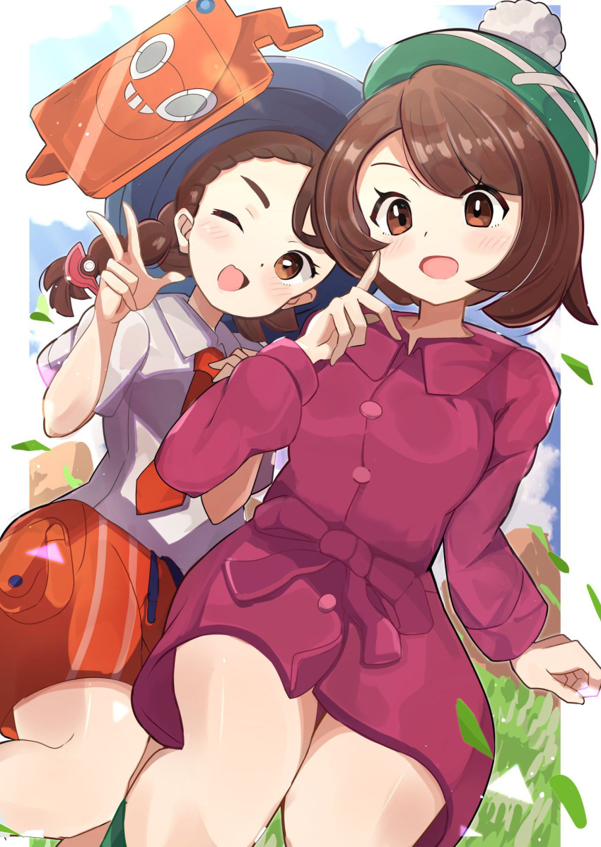2girls, ;d, blush, bob_cut, braid, brown_eyes, brown_hair, buttons, collared_dress, commentary_request, dress, eyelashes, gen_4_pokemon, gloria_(pokemon), green_headwear, hand_up, hat, highres, juliana_(pokemon), long_hair, multiple_girls, necktie, nintendo, one_eye_closed, open_mouth, orange_necktie, orange_shorts, pokemon, pokemon_(creature), pokemon_scarlet_and_violet, pokemon_sword_and_shield, purple_dress, rotom, rotom_phone, shiny_skin, shirt, short_hair, short_sleeves, shorts, single_braid, smile, tam_o'_shanter, tongue, umiru, w
