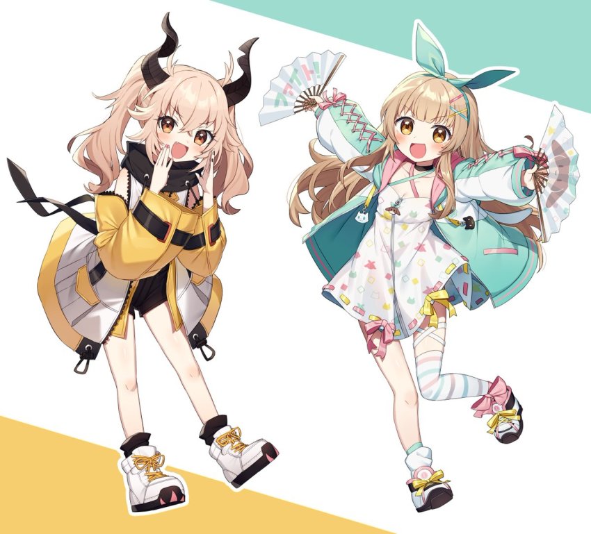 2girls, :d, animal_print, ankle_bow, ankle_ribbon, ankle_socks, asymmetrical_legwear, bare_legs, bebe_(nanahira), blunt_bangs, blush, bow, breasts, broken_horn, brown_eyes, brown_hair, character_print, collared_jacket, crossed_bangs, demon_horns, dress, fang, footwear_bow, green_bow, green_jacket, hair_between_eyes, hair_bow, hair_ornament, hairpin, hand_fan, holding, holding_fan, hood, hooded_jacket, horns, indie_virtual_youtuber, jacket, jumping, kagase_uno, knees, knees_together_feet_apart, leg_ribbon, light_brown_hair, long_hair, looking_at_viewer, multicolored_background, multiple_girls, nanahira, open_mouth, pink_bow, pink_ribbon, pocket, print_dress, ribbon, ribbon-trimmed_clothes, ribbon-trimmed_dress, ribbon_trim, shoelaces, shoes, short_shorts, shorts, shouting_with_hands, simple_background, single_thighhigh, sleeve_bow, sleeveless, sleeveless_dress, small_breasts, smile, sneakers, socks, striped_clothes, striped_legwear, striped_thighhighs, thigh_strap, thighhighs, twintails, unzipped, versen, very_long_hair, virtual_youtuber, wagashi928, white_dress, white_footwear, yellow_bow, yellow_jacket, yellow_ribbon, zipper, zipper_dress